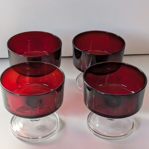 Vintage Luminarc Ruby Red Champagne Or Sherbet Glasses Goblets Clear Stem France